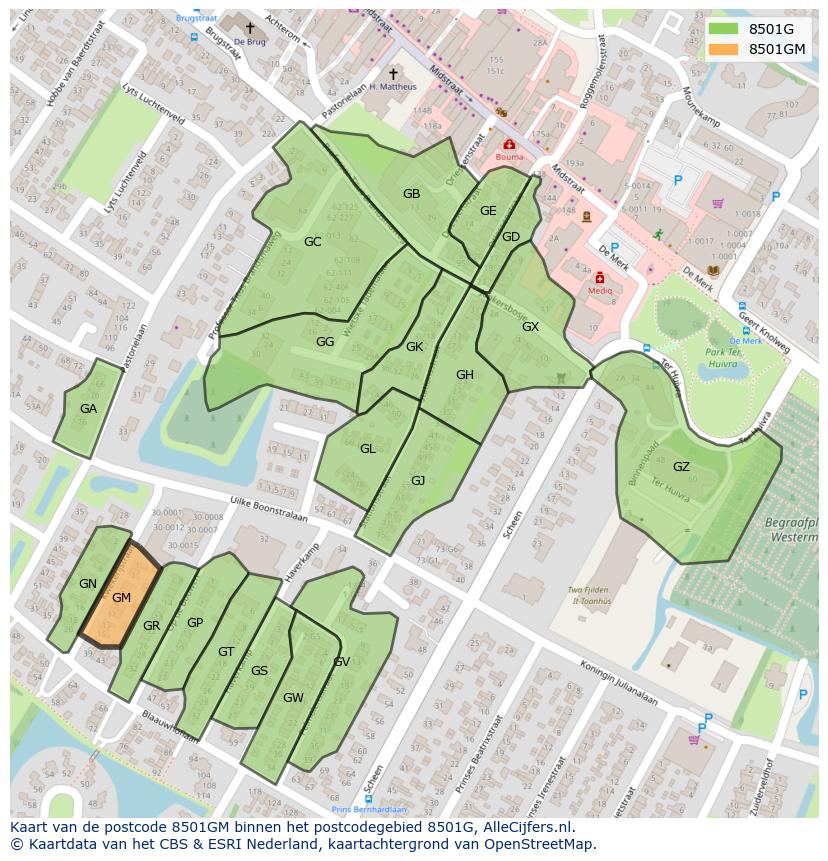 Afbeelding van het postcodegebied 8501 GM op de kaart.