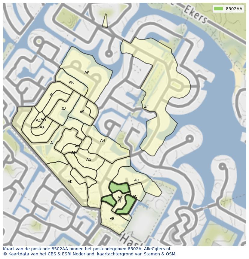 Afbeelding van het postcodegebied 8502 AA op de kaart.