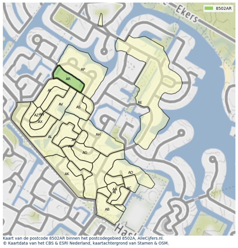 Afbeelding van het postcodegebied 8502 AR op de kaart.