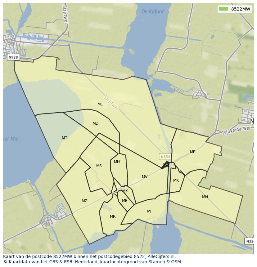 Afbeelding van het postcodegebied 8522 MW op de kaart.