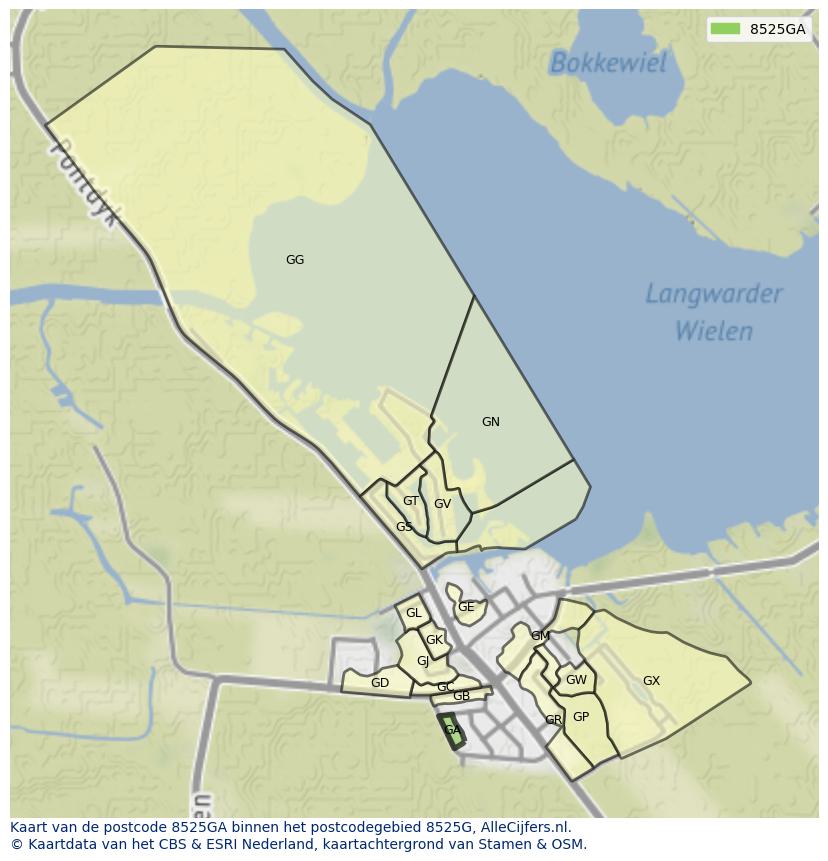 Afbeelding van het postcodegebied 8525 GA op de kaart.