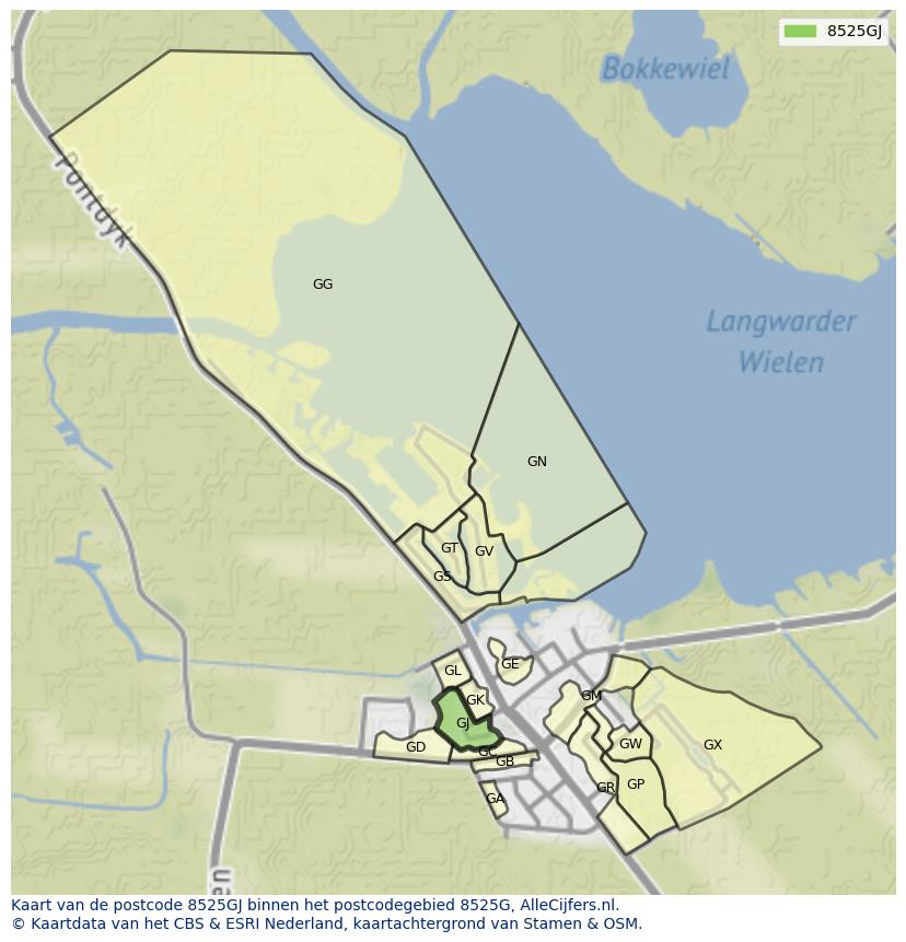 Afbeelding van het postcodegebied 8525 GJ op de kaart.