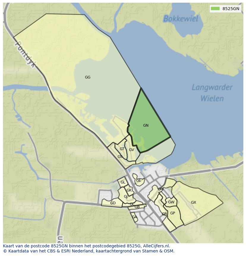 Afbeelding van het postcodegebied 8525 GN op de kaart.