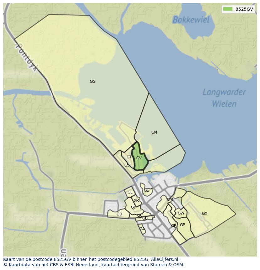 Afbeelding van het postcodegebied 8525 GV op de kaart.