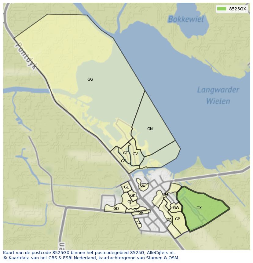 Afbeelding van het postcodegebied 8525 GX op de kaart.