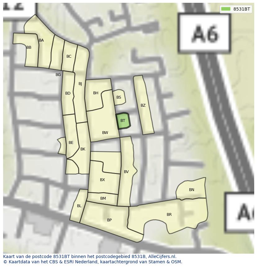 Afbeelding van het postcodegebied 8531 BT op de kaart.