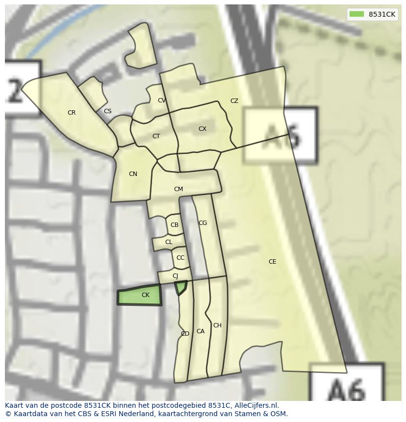 Afbeelding van het postcodegebied 8531 CK op de kaart.