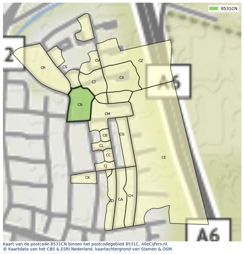 Afbeelding van het postcodegebied 8531 CN op de kaart.