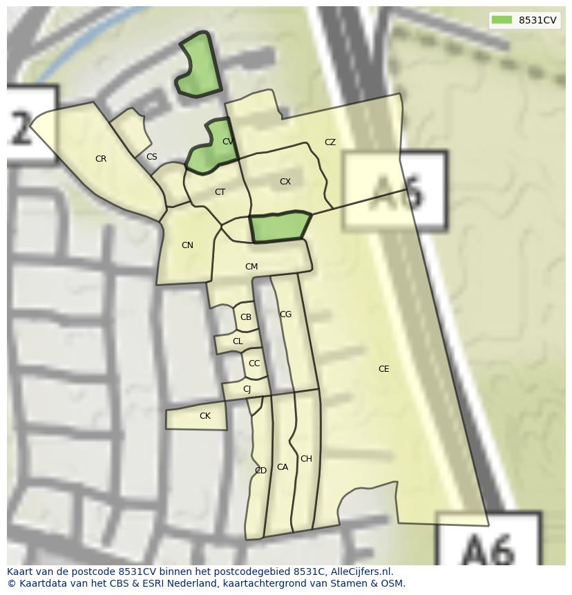 Afbeelding van het postcodegebied 8531 CV op de kaart.