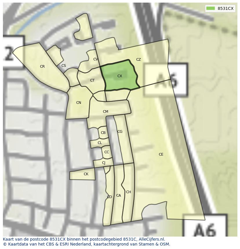 Afbeelding van het postcodegebied 8531 CX op de kaart.