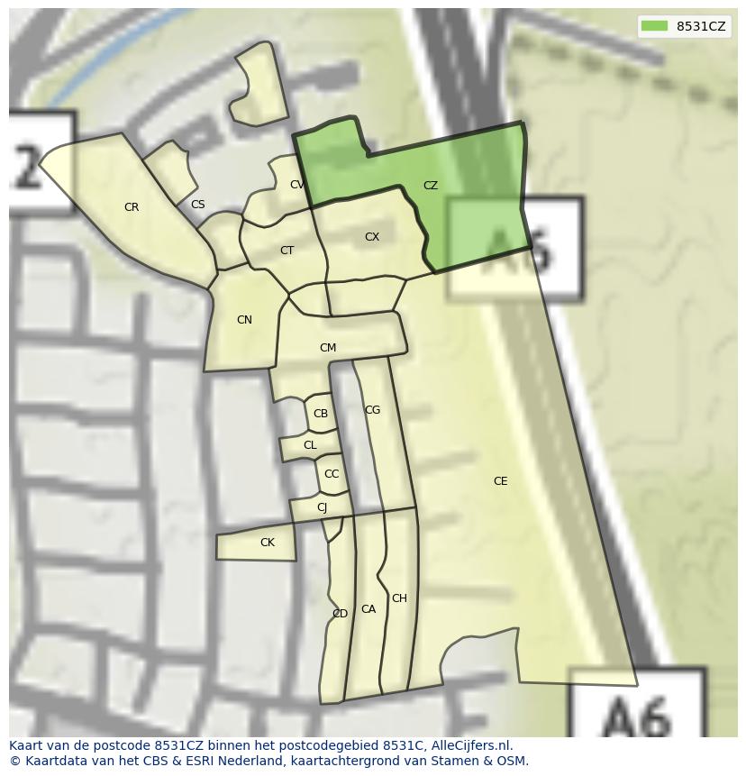 Afbeelding van het postcodegebied 8531 CZ op de kaart.