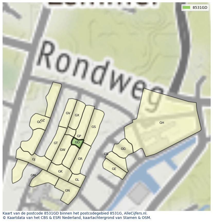 Afbeelding van het postcodegebied 8531 GD op de kaart.