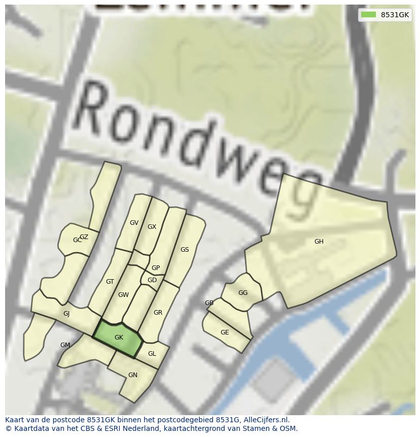 Afbeelding van het postcodegebied 8531 GK op de kaart.