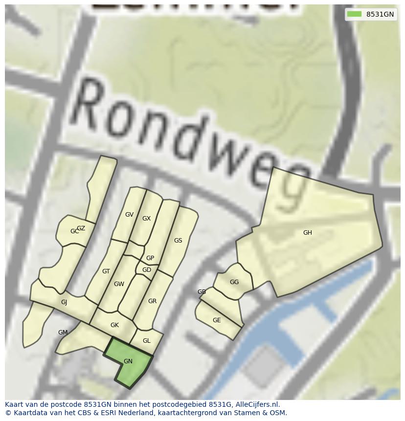 Afbeelding van het postcodegebied 8531 GN op de kaart.