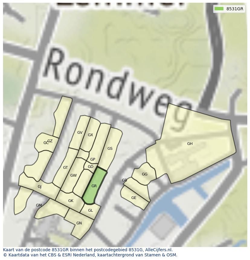Afbeelding van het postcodegebied 8531 GR op de kaart.