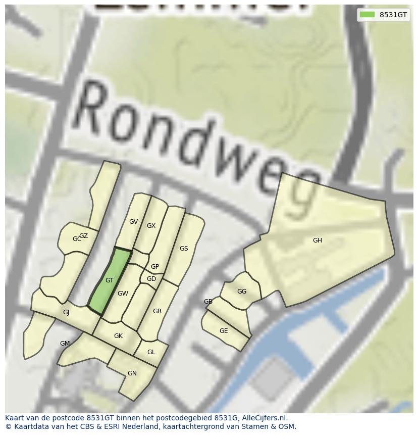 Afbeelding van het postcodegebied 8531 GT op de kaart.