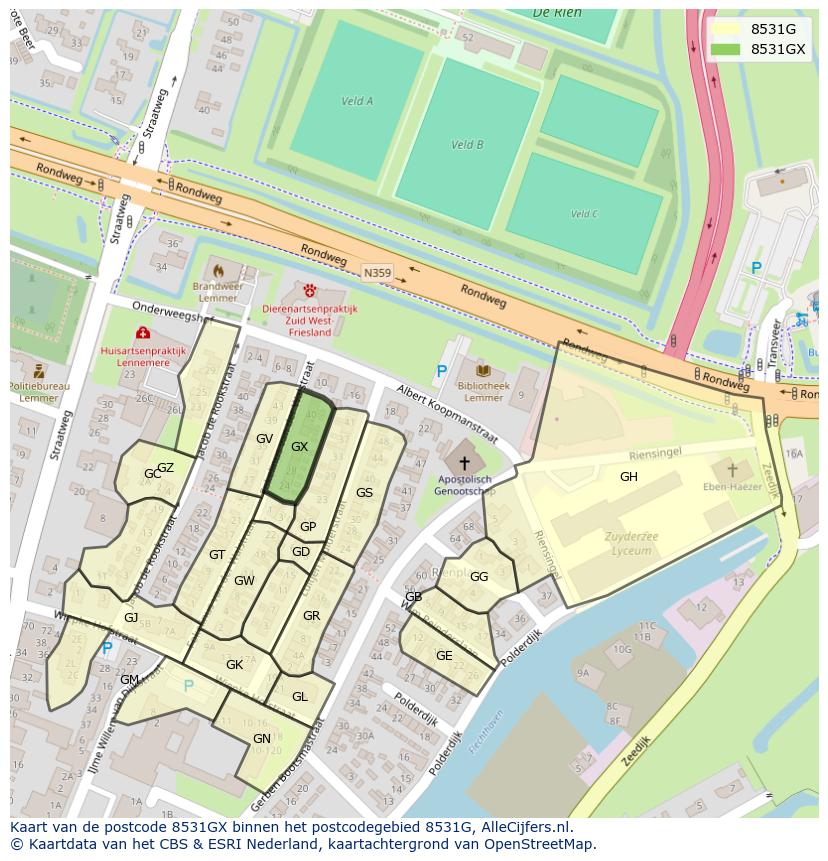 Afbeelding van het postcodegebied 8531 GX op de kaart.