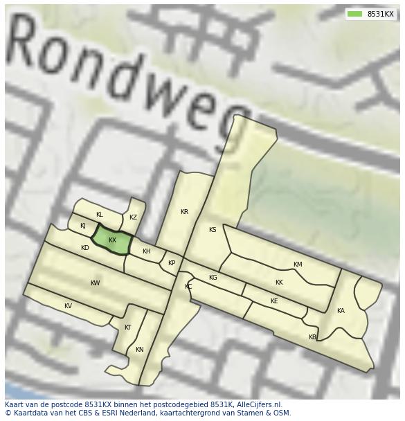 Afbeelding van het postcodegebied 8531 KX op de kaart.