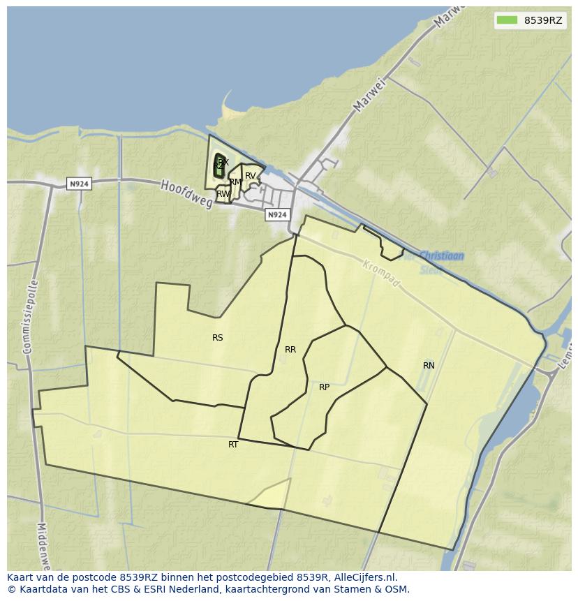 Afbeelding van het postcodegebied 8539 RZ op de kaart.