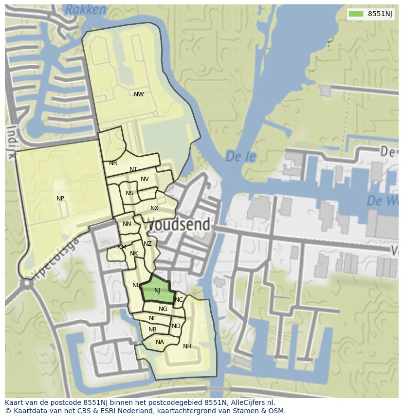 Afbeelding van het postcodegebied 8551 NJ op de kaart.