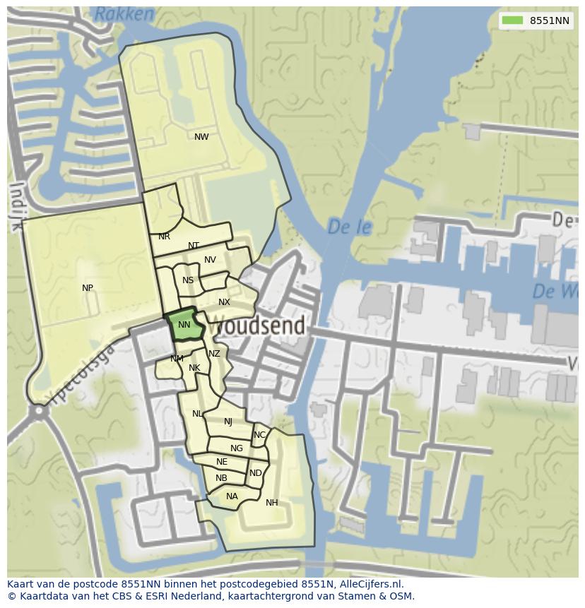 Afbeelding van het postcodegebied 8551 NN op de kaart.