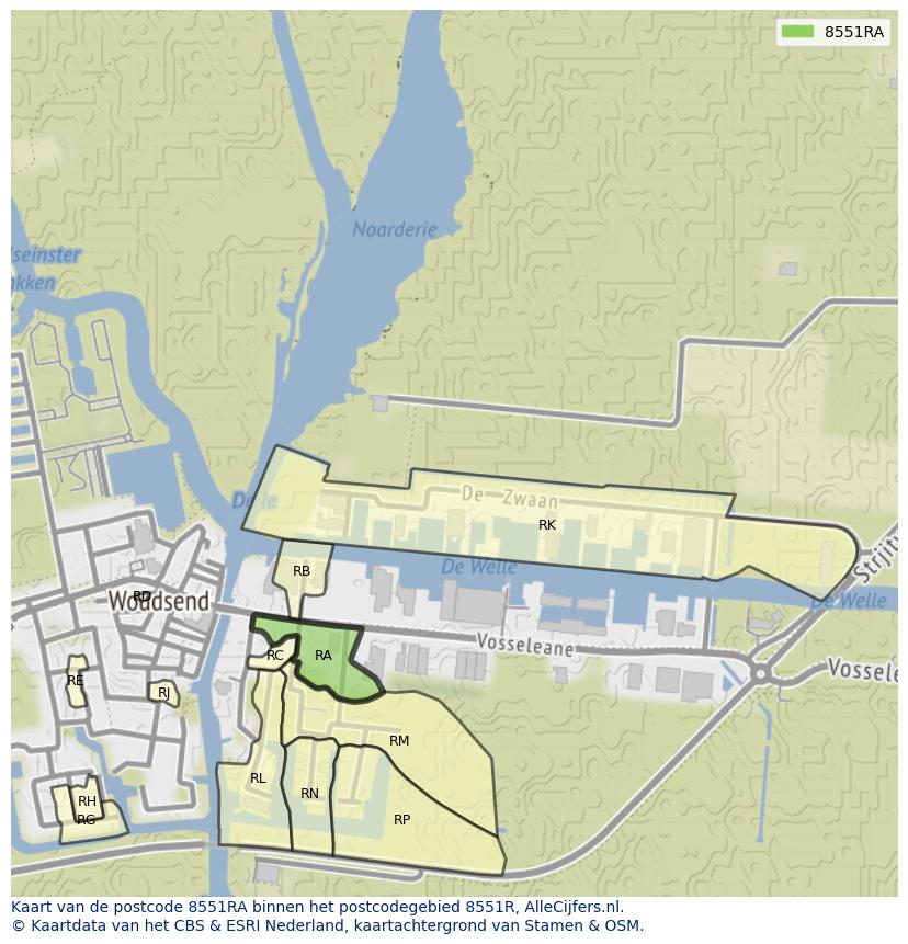 Afbeelding van het postcodegebied 8551 RA op de kaart.