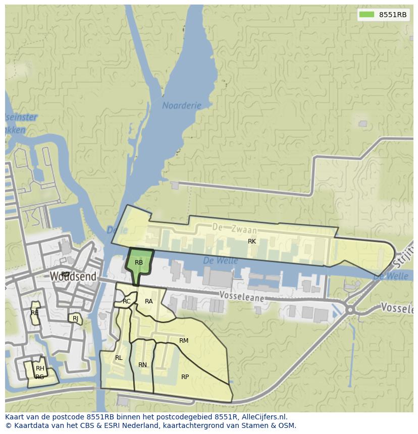 Afbeelding van het postcodegebied 8551 RB op de kaart.
