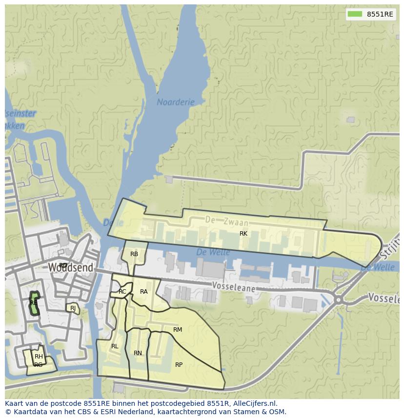 Afbeelding van het postcodegebied 8551 RE op de kaart.