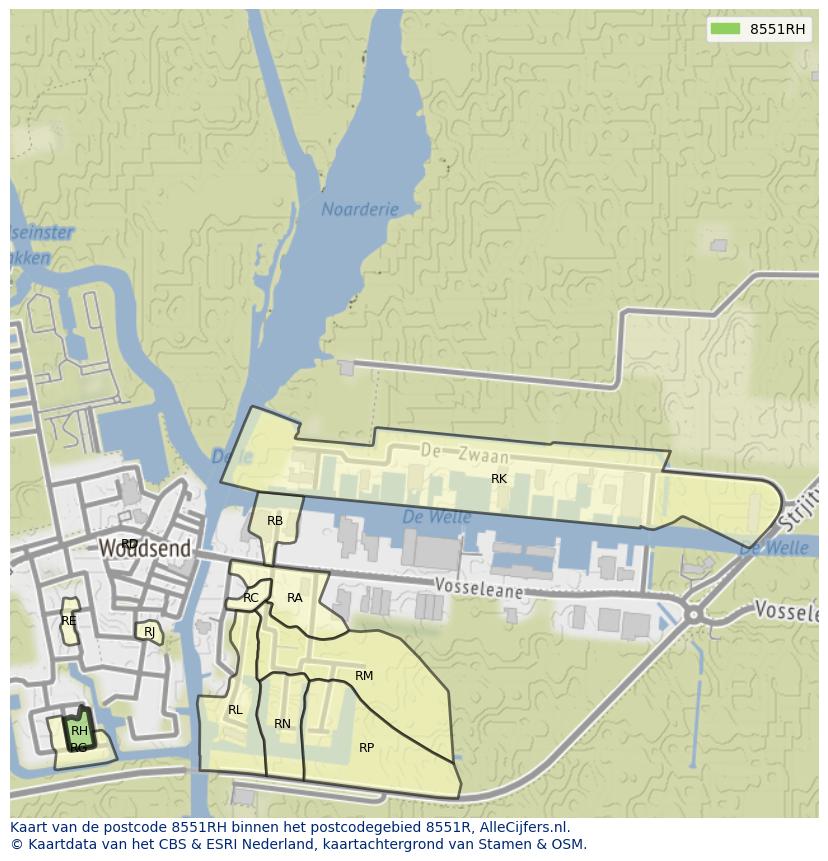 Afbeelding van het postcodegebied 8551 RH op de kaart.