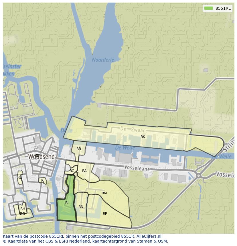 Afbeelding van het postcodegebied 8551 RL op de kaart.