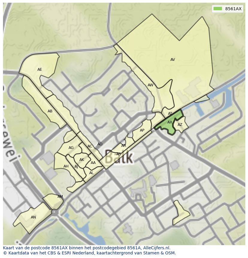 Afbeelding van het postcodegebied 8561 AX op de kaart.