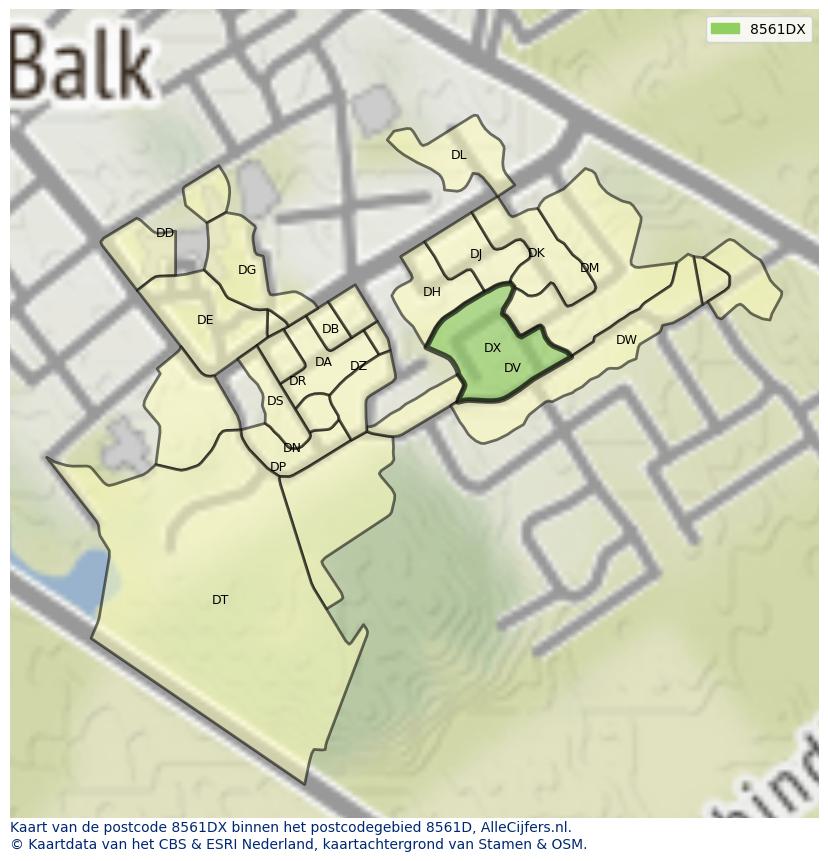 Afbeelding van het postcodegebied 8561 DX op de kaart.