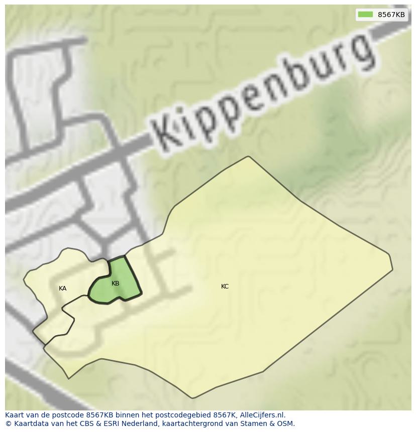 Afbeelding van het postcodegebied 8567 KB op de kaart.