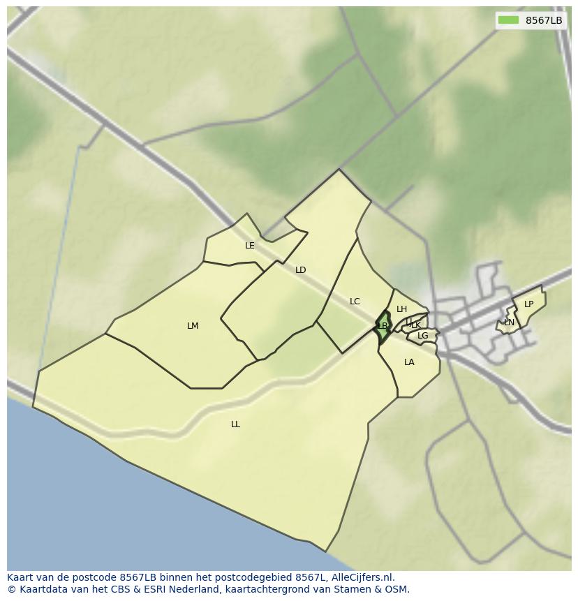 Afbeelding van het postcodegebied 8567 LB op de kaart.