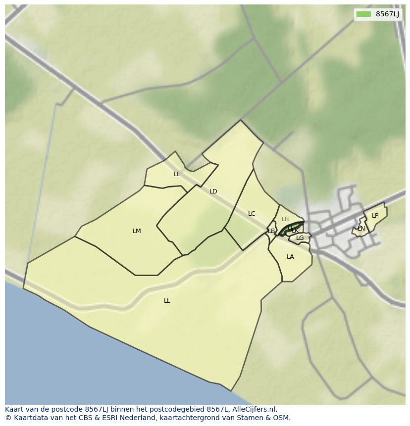 Afbeelding van het postcodegebied 8567 LJ op de kaart.