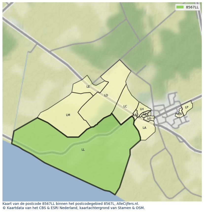 Afbeelding van het postcodegebied 8567 LL op de kaart.