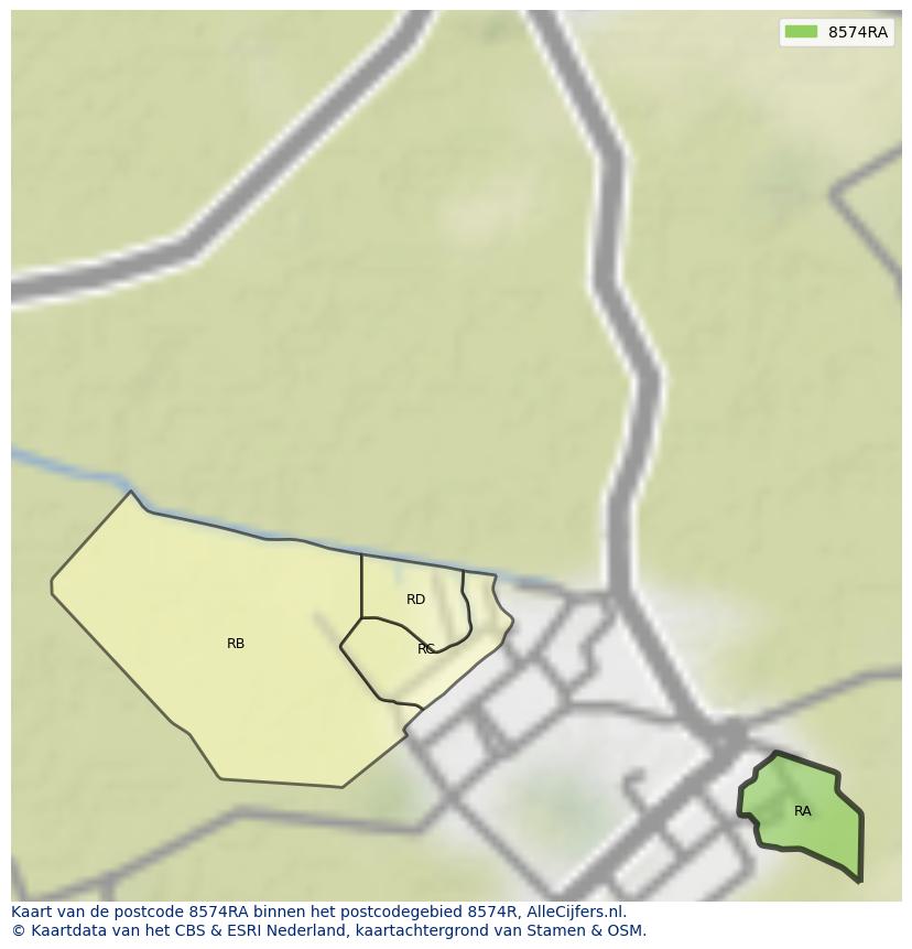 Afbeelding van het postcodegebied 8574 RA op de kaart.