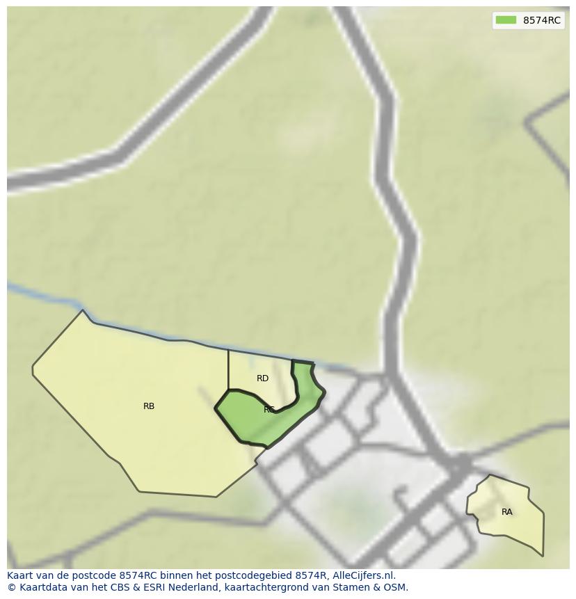 Afbeelding van het postcodegebied 8574 RC op de kaart.