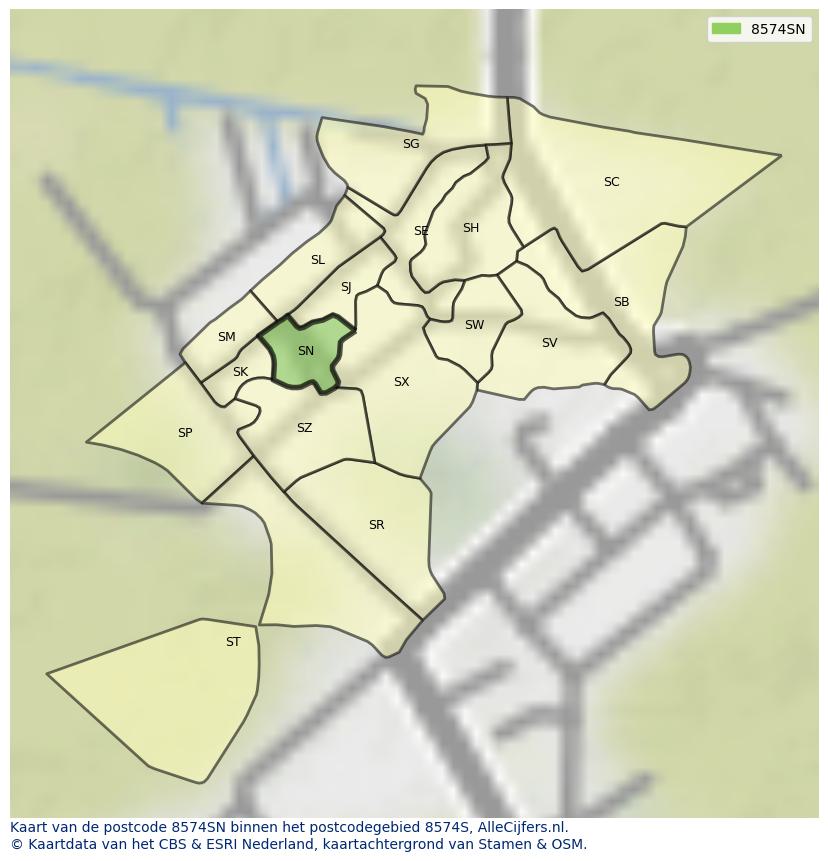 Afbeelding van het postcodegebied 8574 SN op de kaart.