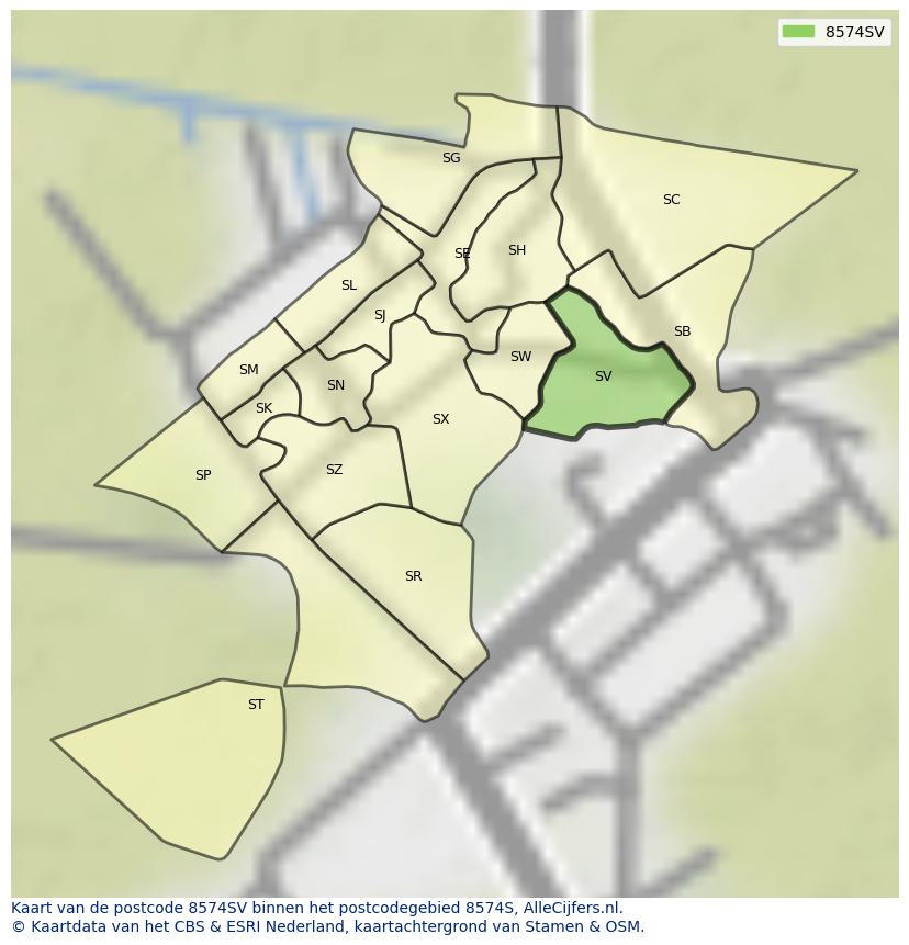 Afbeelding van het postcodegebied 8574 SV op de kaart.