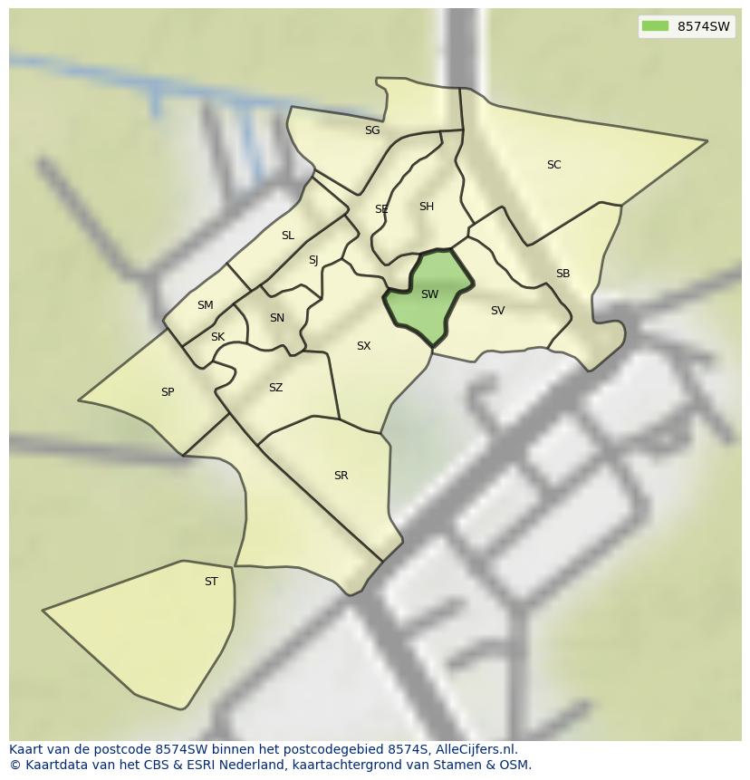 Afbeelding van het postcodegebied 8574 SW op de kaart.