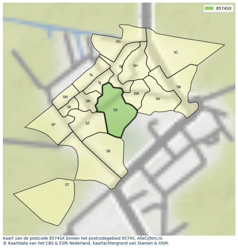 Afbeelding van het postcodegebied 8574 SX op de kaart.