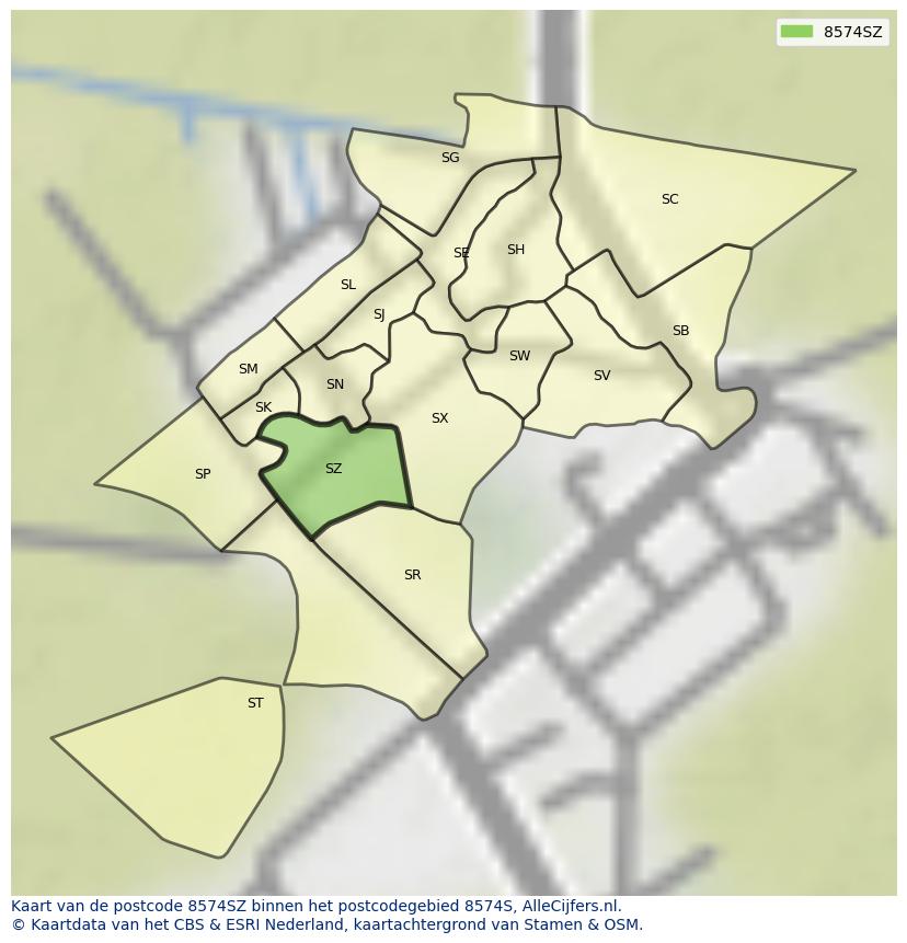 Afbeelding van het postcodegebied 8574 SZ op de kaart.