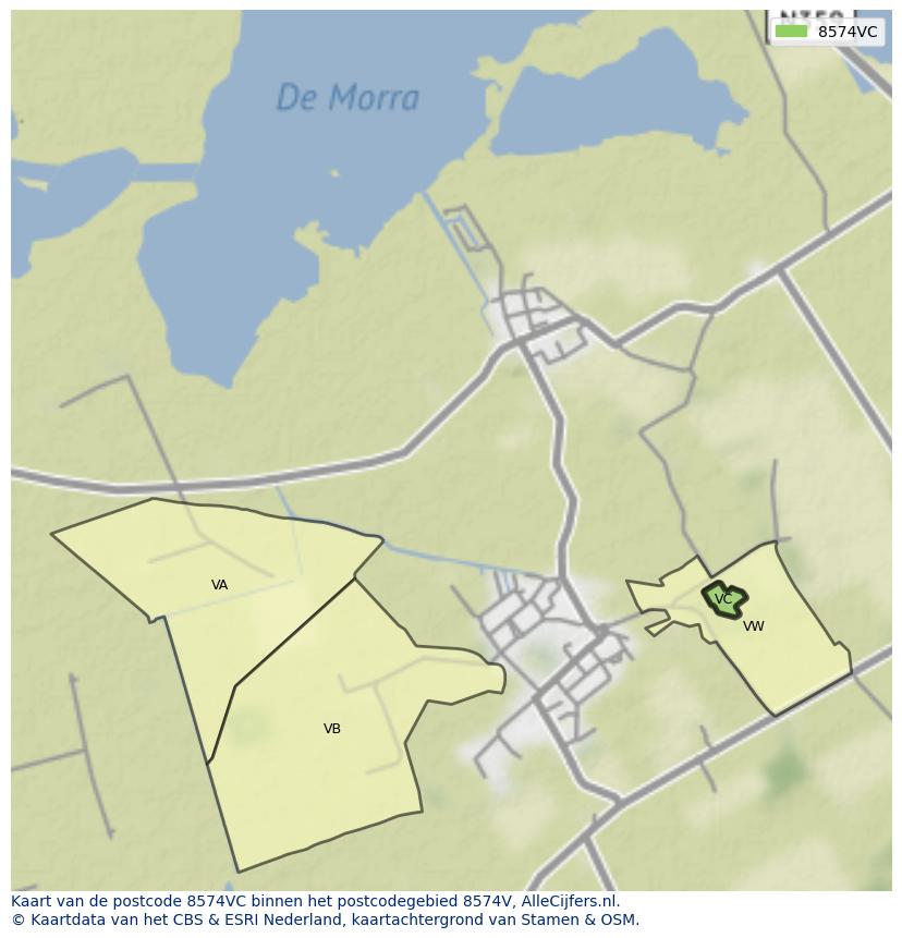 Afbeelding van het postcodegebied 8574 VC op de kaart.
