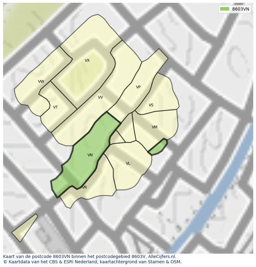 Afbeelding van het postcodegebied 8603 VN op de kaart.