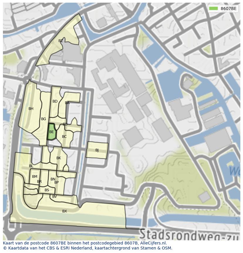 Afbeelding van het postcodegebied 8607 BE op de kaart.