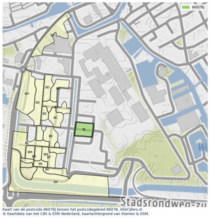 Afbeelding van het postcodegebied 8607 BJ op de kaart.