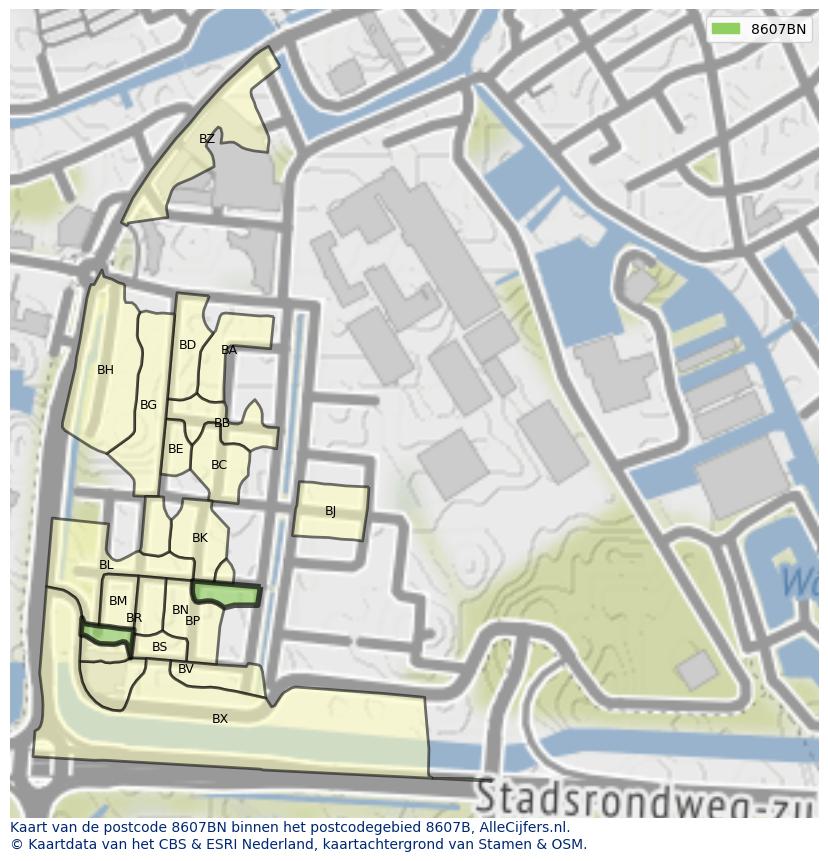 Afbeelding van het postcodegebied 8607 BN op de kaart.