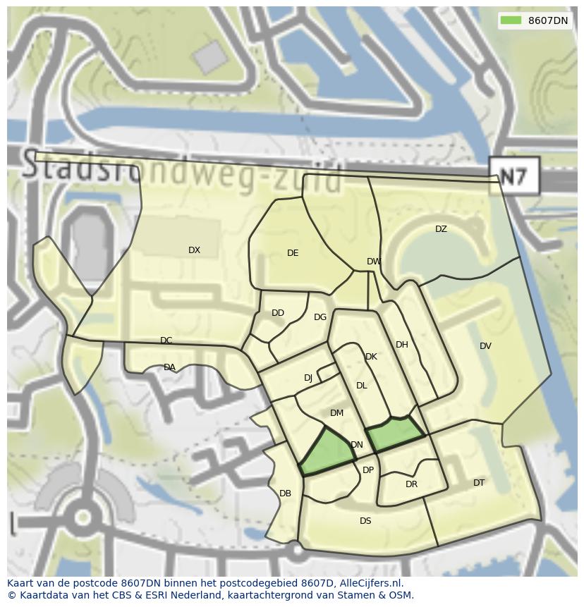 Afbeelding van het postcodegebied 8607 DN op de kaart.