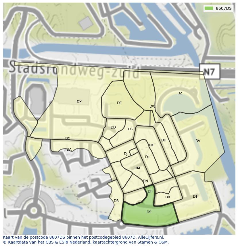 Afbeelding van het postcodegebied 8607 DS op de kaart.
